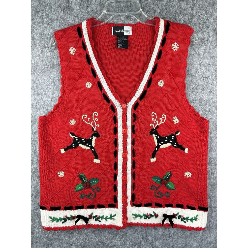 Beldoch Popper Women's Christmas Cardigan Button Front Knit Stitched Reindeer L